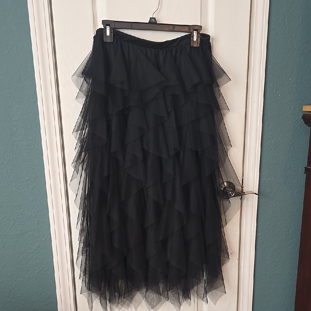 Black Ruffled Tiered Midi Skirt